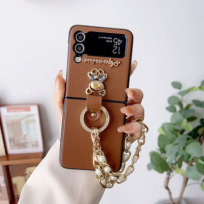 Rhinestone Bear Pearl Bracelet Phone Case For Samsung Galaxy Z Flip3 Flip4 5G