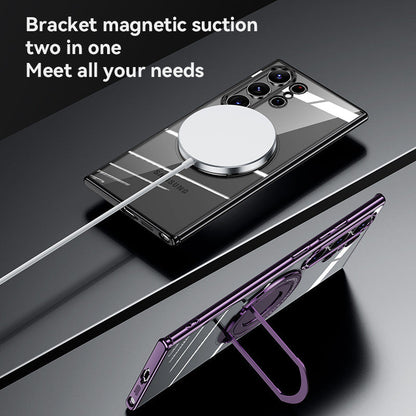 Magnetic Suction Bracket Electroplated Clear Protective Phone Case For Samsung Galaxy S23 Ultra Plus