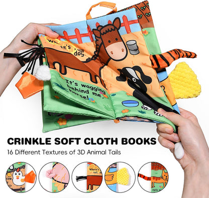 Sensory Touch and Feel Crinkle Books for Baby 0-6 Months,2 PCS Jungle Farm Tails Montessori Car Set Toys for Tummy Time Newborn 6-12, Soft Fabric Cloth Books for Infant 1 Year Old Gift