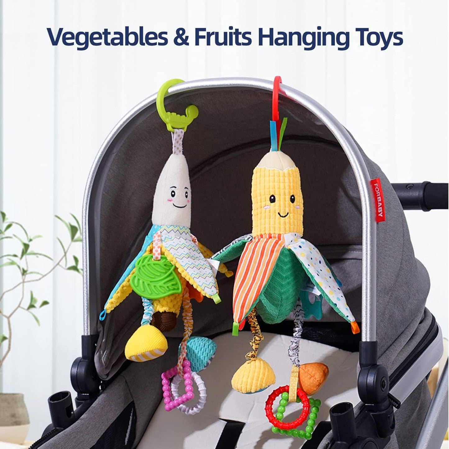 Hanging Rattle Toys for Car Seat Parm, Vegetable Plush Stroller Infant Crib Bed Travel Activity Ring Bell with Crinkle, Squeaky & Teether for Boys Girls(Corn)
