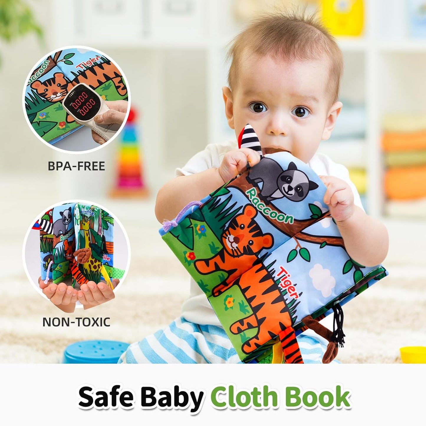 Baby Cloth Books, Touch & Feel Crinkle Soft Books, for Infants Babies, Toddler Early Educational Interactive Stroller Toys, Baby Girl & Boy Gift(Jungle Tails)