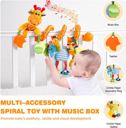 Baby Car Seat Stroller Crib Toys, Plush Hanging Spiral Activity Pram Crib Toy with Music Box, Rattles, Squeaker for Babies Infant Boys Girls(Giraffe)
