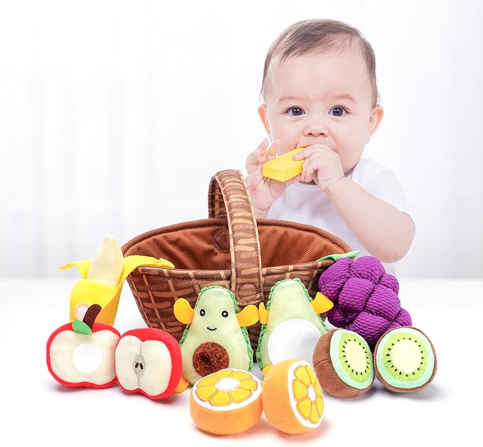 Plush Fruit Basket Play Food Toys Set for Toddler 1-3, Montessori Pretend Food Kitchen Sensory Toys for Kids 2 Year Old, Learning Resources Farmers Market Toys for Baby Gift 18-24 Months
