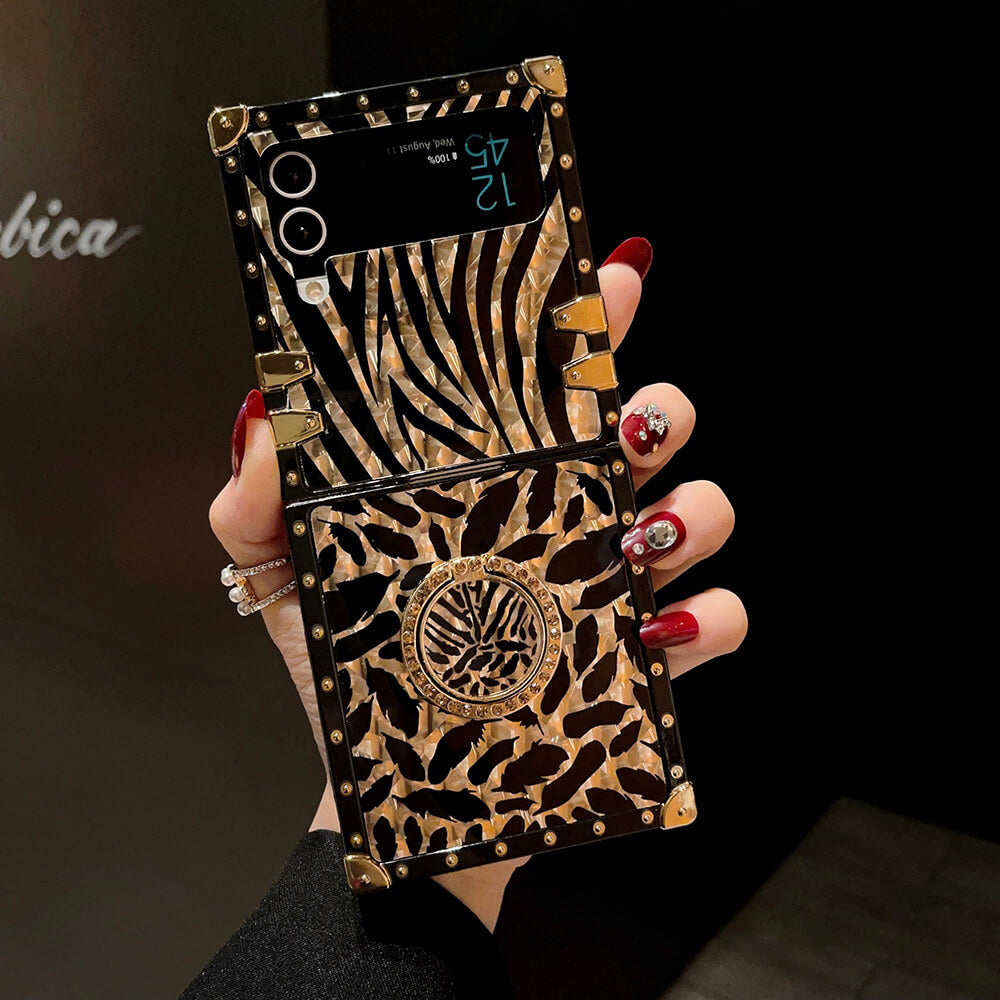 Leopard Pearl Shiny Ring Phone Case for Samsung Galaxy Z Flip4 Flip3
