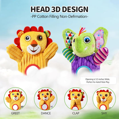 Plush Stuffed Animal Hand Puppets Toys with Rattle and Mirror for Kids 6-18 Months, Hand Puppets Play Therapy Toys for Preschool Toddlers, Puppet Theater as Baby Gift