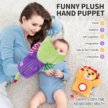 Plush Stuffed Animal Hand Puppets Toys with Rattle and Mirror for Kids 6-18 Months, Hand Puppets Play Therapy Toys for Preschool Toddlers, Puppet Theater as Baby Gift