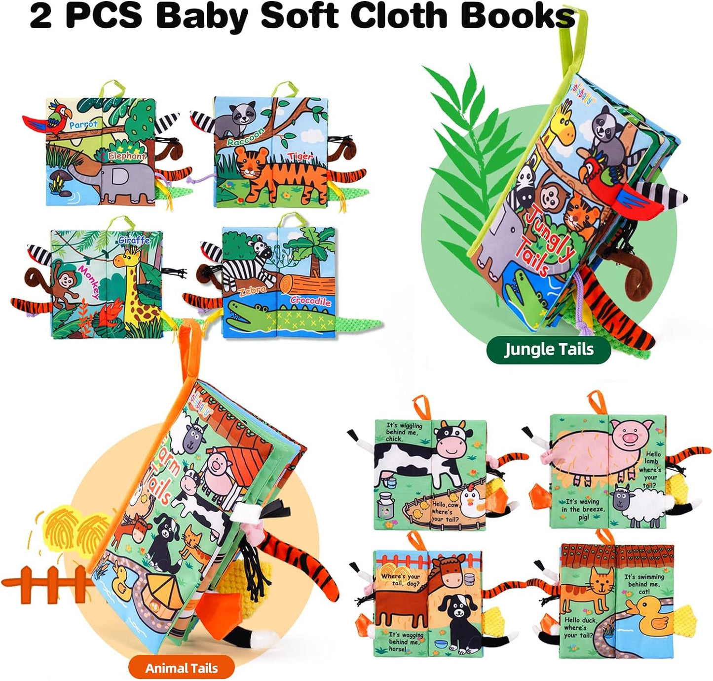 Sensory Touch and Feel Crinkle Books for Baby 0-6 Months,2 PCS Jungle Farm Tails Montessori Car Set Toys for Tummy Time Newborn 6-12, Soft Fabric Cloth Books for Infant 1 Year Old Gift