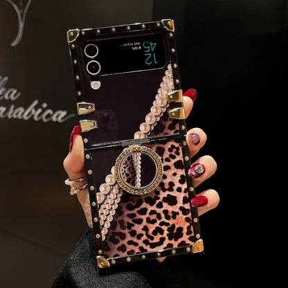 Leopard Pearl Shiny Ring Phone Case for Samsung Galaxy Z Flip4 Flip3