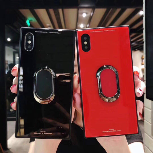 Solid Color Square Tempered Glass Metal Ring Stand Holder iPhone Case