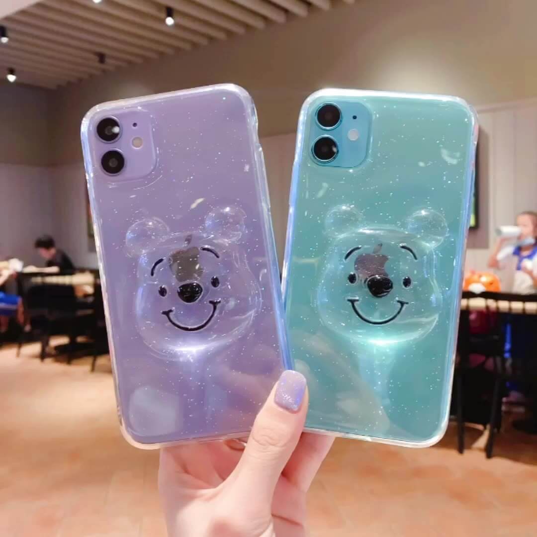 3D Cartoon Bear Glitter Clear iPhone Case