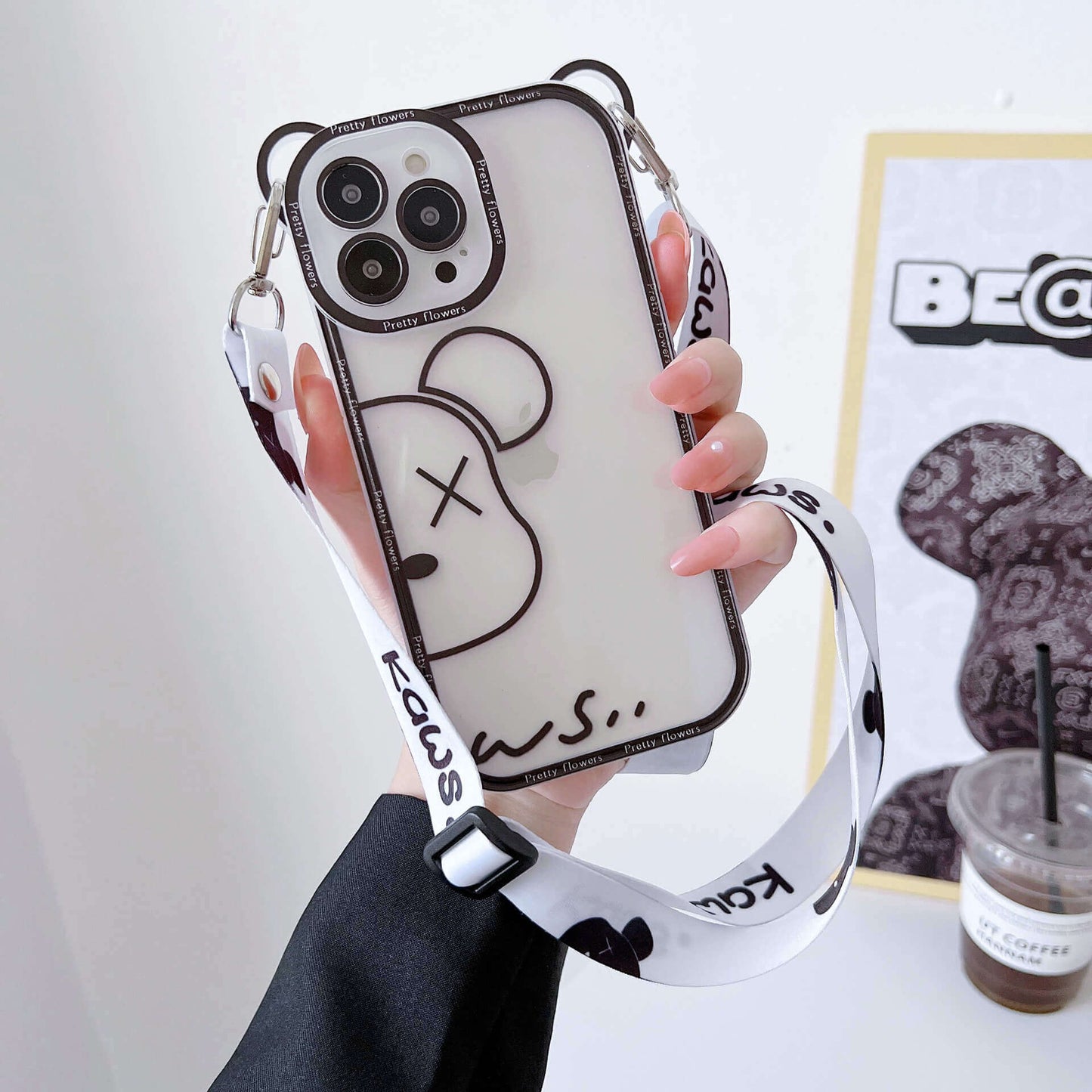 Cute Cartoon Bear with Lanyard Clear iPhone Case