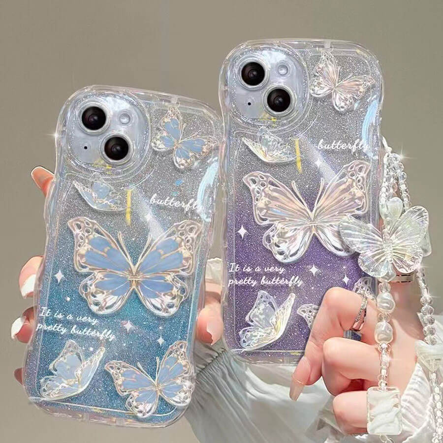 Curly Wavy Frame Crystal Butterfly Gliter Bling Clear iPhone Case