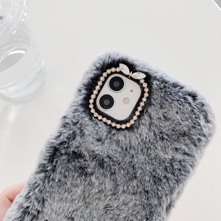Luxury Rex Rabbit Hair Rhinestone Plush Warm Furry iPhone Case