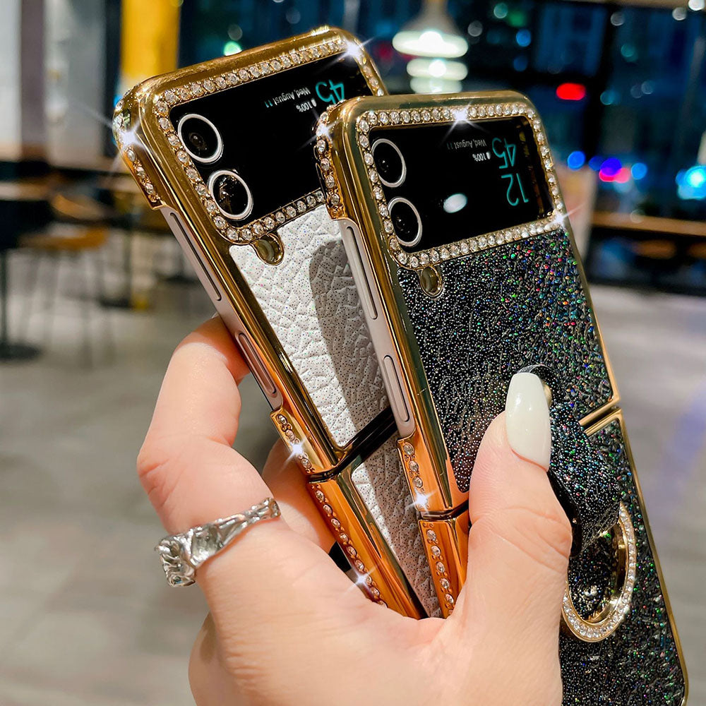 Rhinestone Glitter Leather Plated Ring Phone Case For Samsung Galaxy Flip4 Flip3