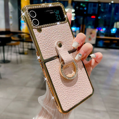 Rhinestone Glitter Leather Plated Ring Phone Case For Samsung Galaxy Flip4 Flip3
