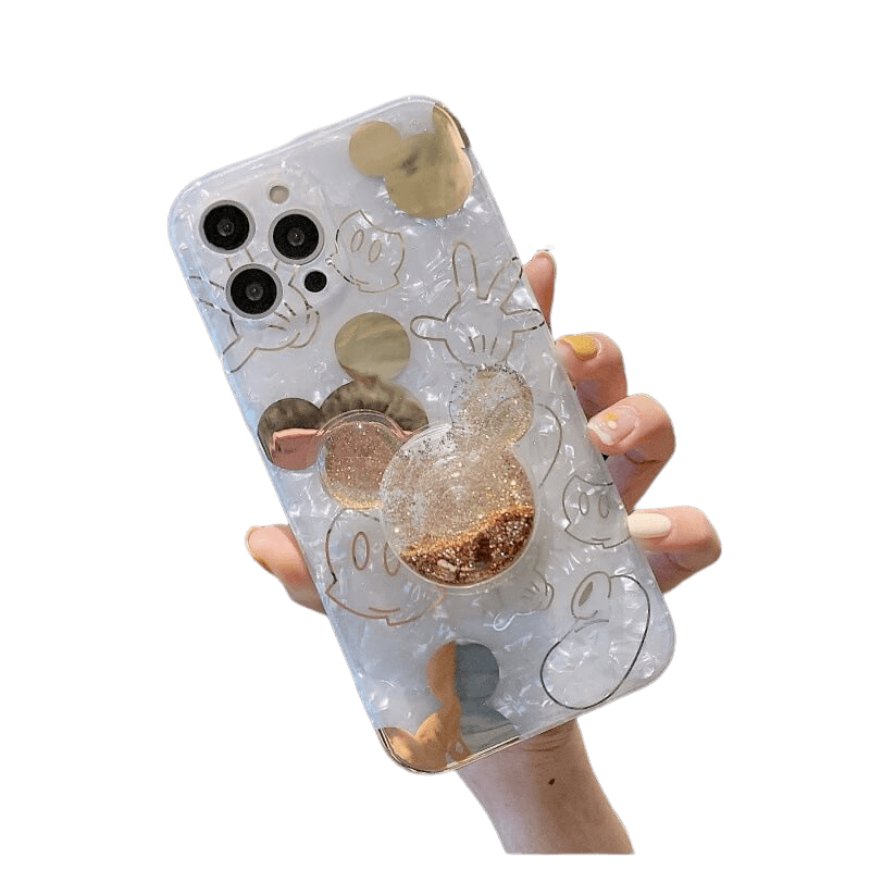 Couverture de cas d'iPhone de support de support de doigt de sable mouvant liquide doré bronzant mignon