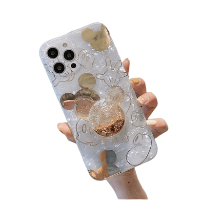 Couverture de cas d'iPhone de support de support de doigt de sable mouvant liquide doré bronzant mignon