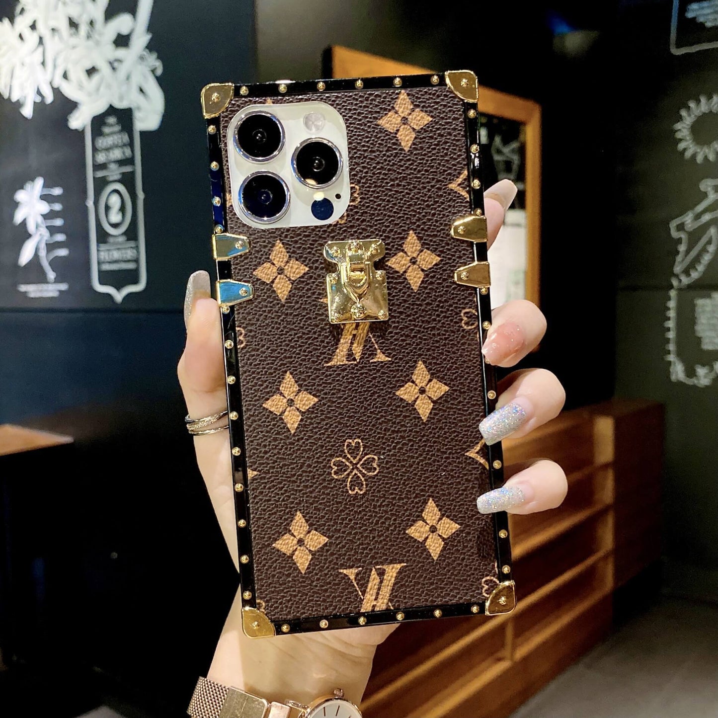 Golden Rivets Noble Floral Leather Luggage iPhone Case