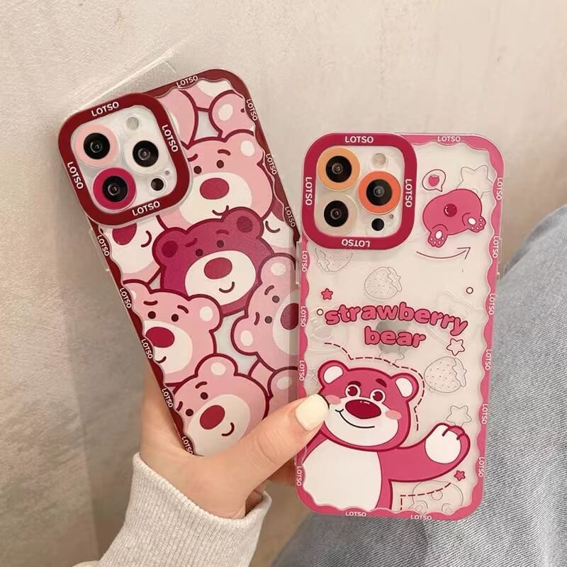Cute Cartoon Pink Bear Clear iPhone Case 14 Pro Max