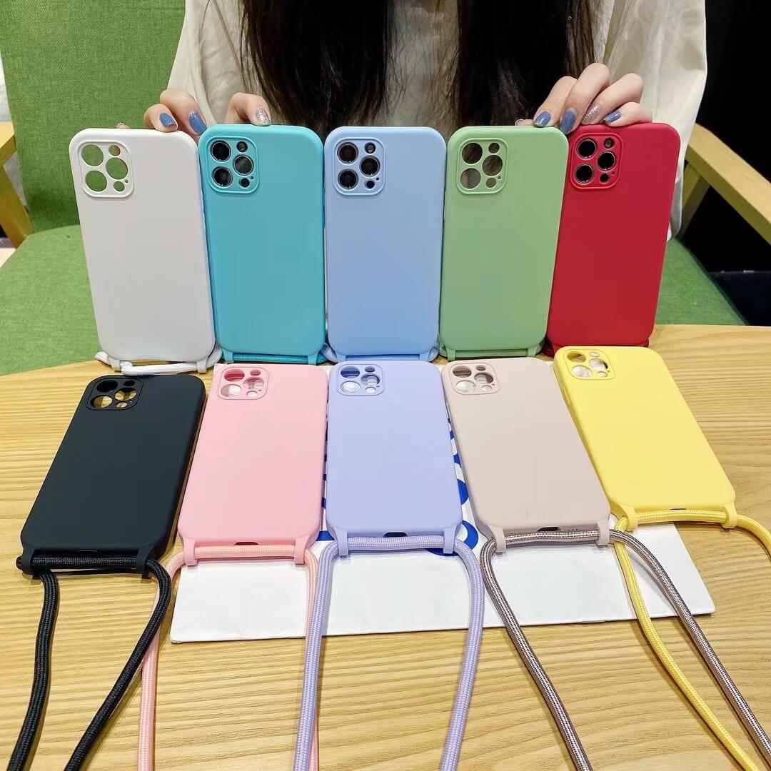Étui pour iPhone en silicone de couleur unie avec cordon à une épaule