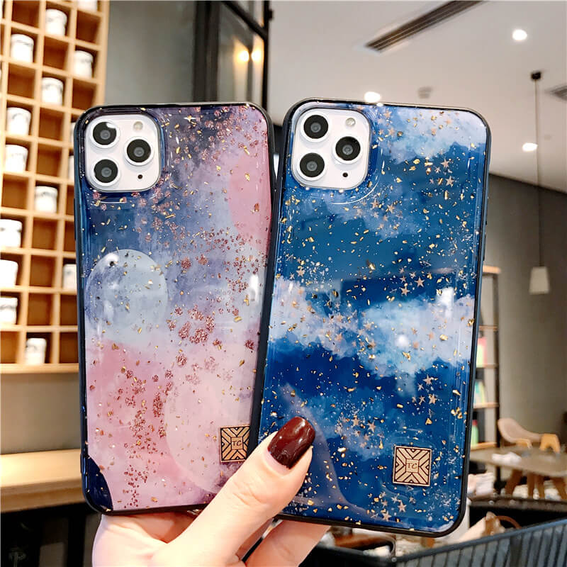 Glitter Gold Leaf Marble Texture Couple iPhone Case