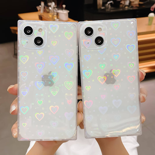 Square Laser Gradient Love Heart Clear iPhone Case