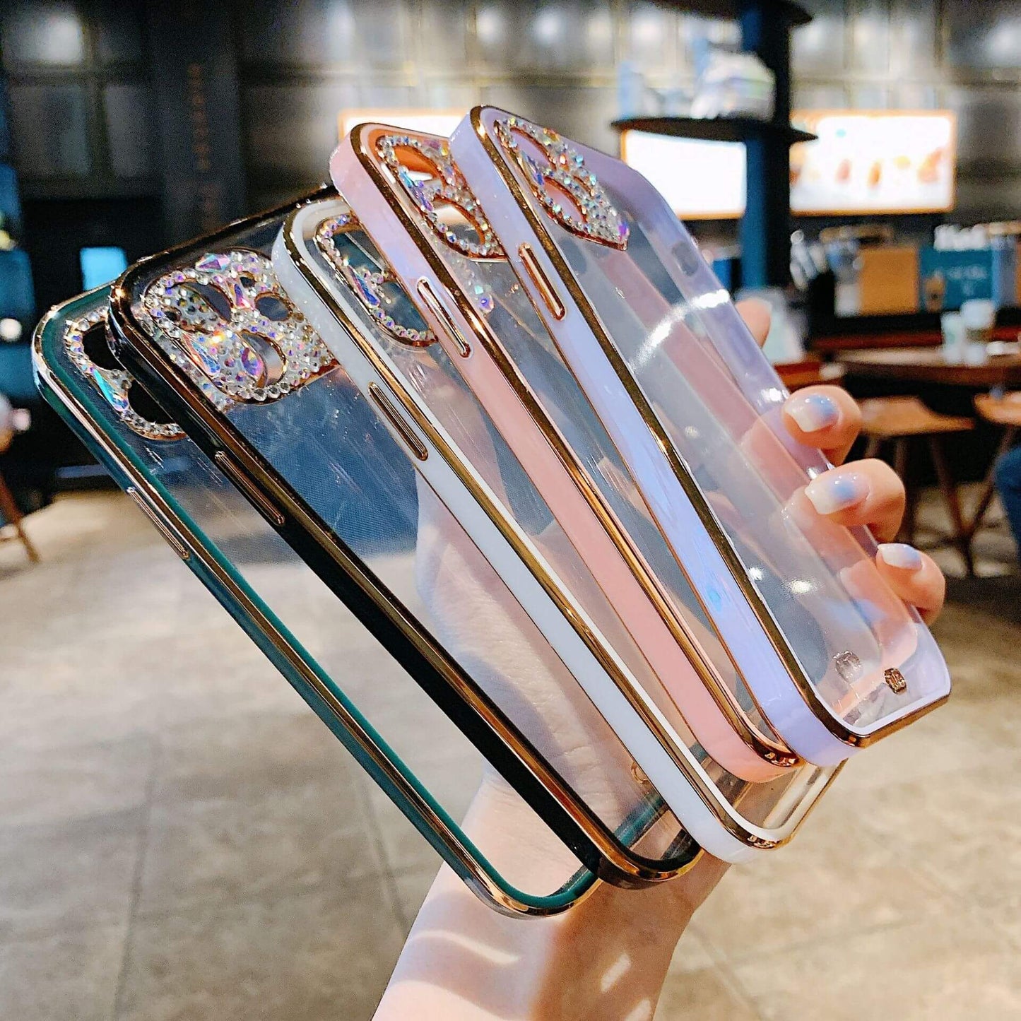 Lentille luxueuse en strass protège la coque transparente pour iPhone