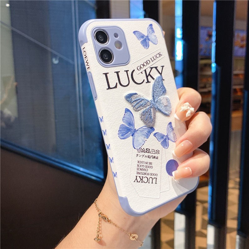 Coque et skin iPhone anti-chute chanceux papillon bleu broderie 3D