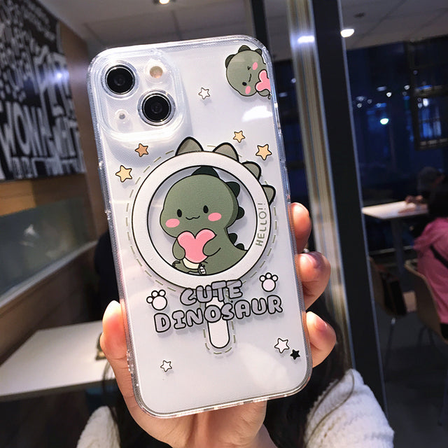 Dinosaure mignon de panda de bande dessinée pour le remplissage magnétique sans fil de Magsafe clair compatible avec le cas d'iPhone