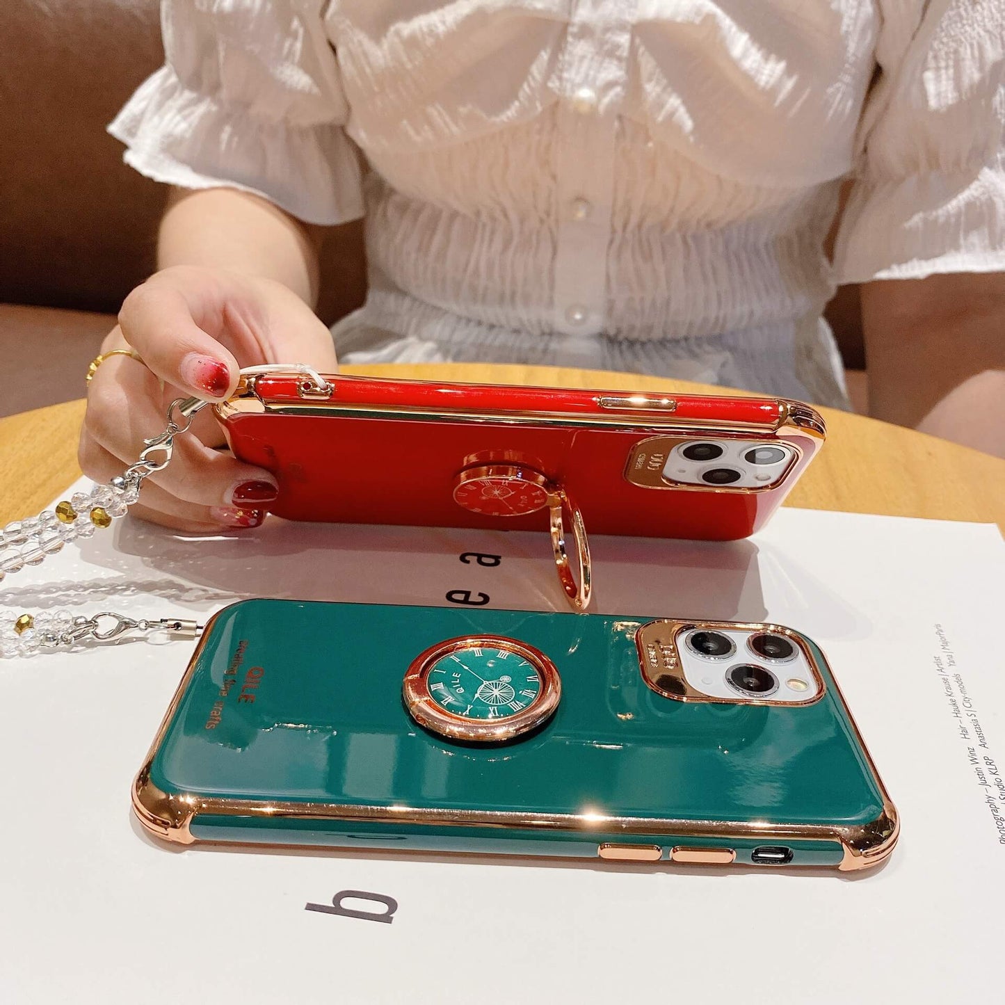 Chapado a la moda Reloj Anillo Soporte Funda para iPhone Contraportada Rojo Verde Rosa Negro Verde claro