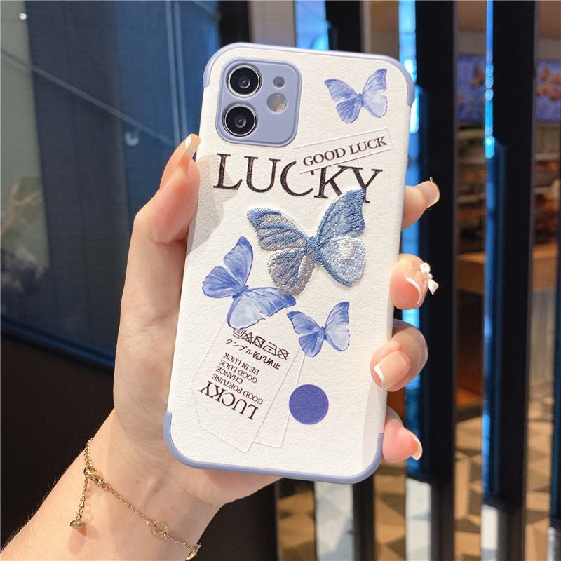 3D Embroidery Blue Butterfly Good Lucky Anti-fall iPhone Case