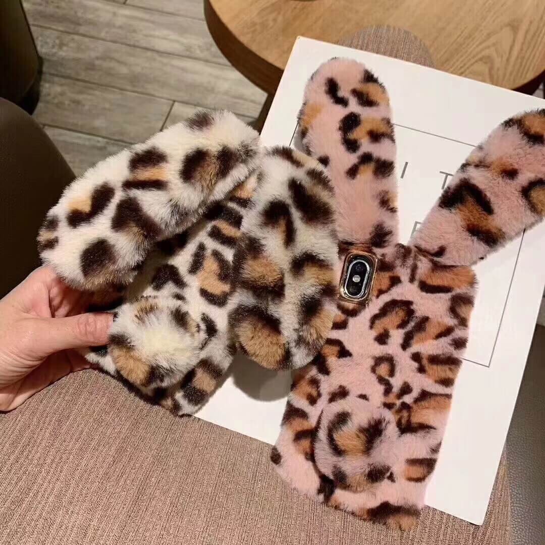 Rabbit Hair Fluffy Fur Plush Leopard Warm iPhone Case