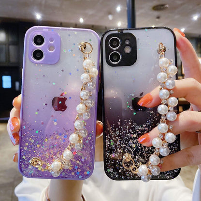 Gradient Glitter Pearl Bracelet Bling Clear iPhone Case