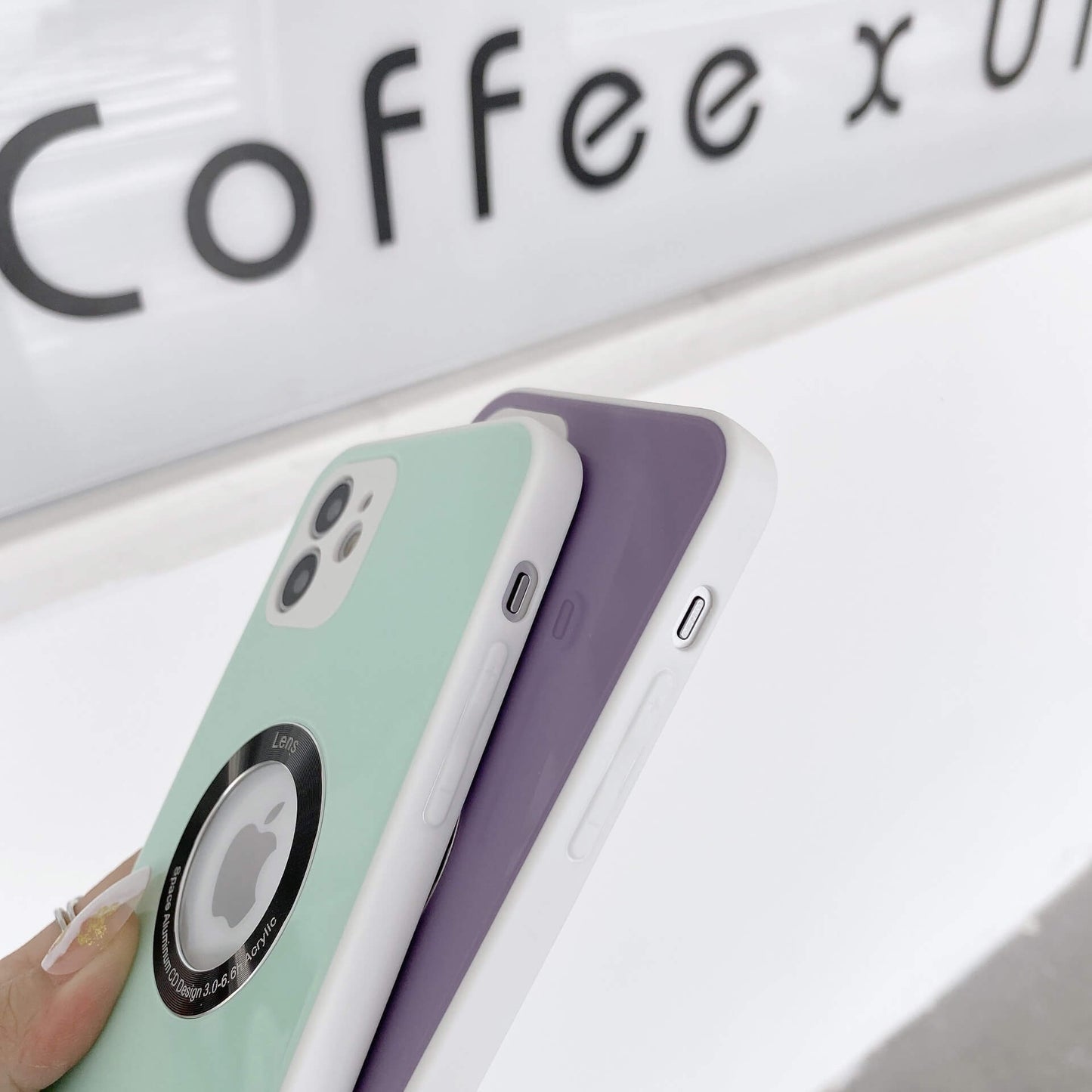 Coque pour iPhone en forme de fenêtre en verre de couleur bonbon (gris lavande, rose, rouge, cyan clair, violet clair