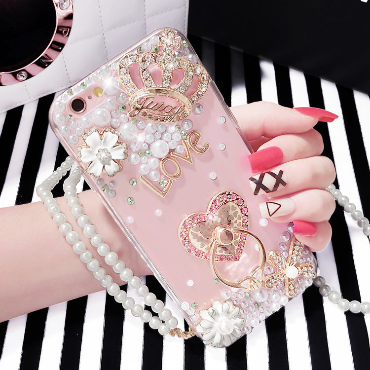 Luxurious 3D Crown Pearl Cat Bracket Finger Holder iPhone Case