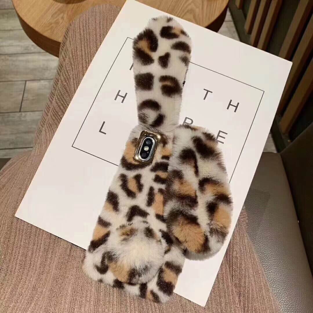 Vinilo o funda para iPhone Pelo de conejo Piel esponjosa Felpa Leopardo Cálido