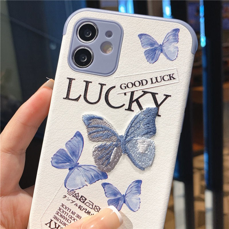 Coque et skin iPhone anti-chute chanceux papillon bleu broderie 3D