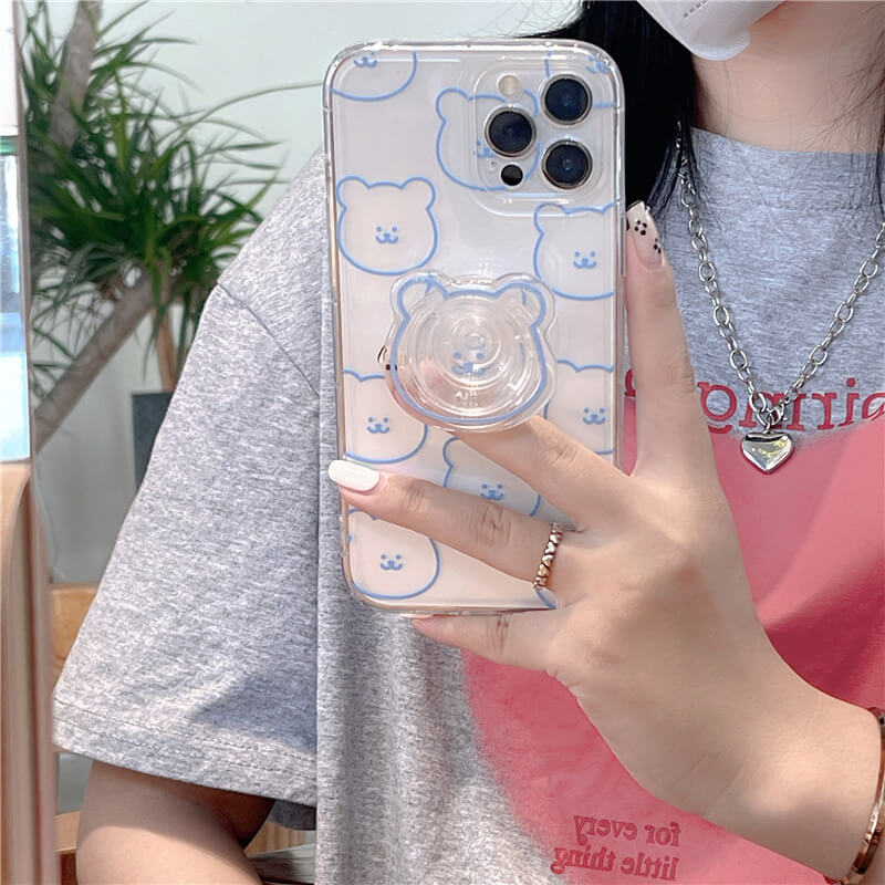 Cute Bear Finger Holder Bracket Funda transparente para iPhone