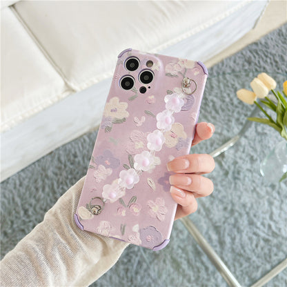 Funda de cuero suave para iPhone con pulsera de flores pintadas de color púrpura