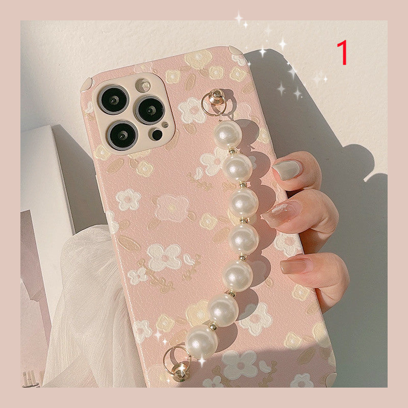 Coque et skin iPhone en cuir avec bracelet en perles florales de peinture à l'huile mignonne