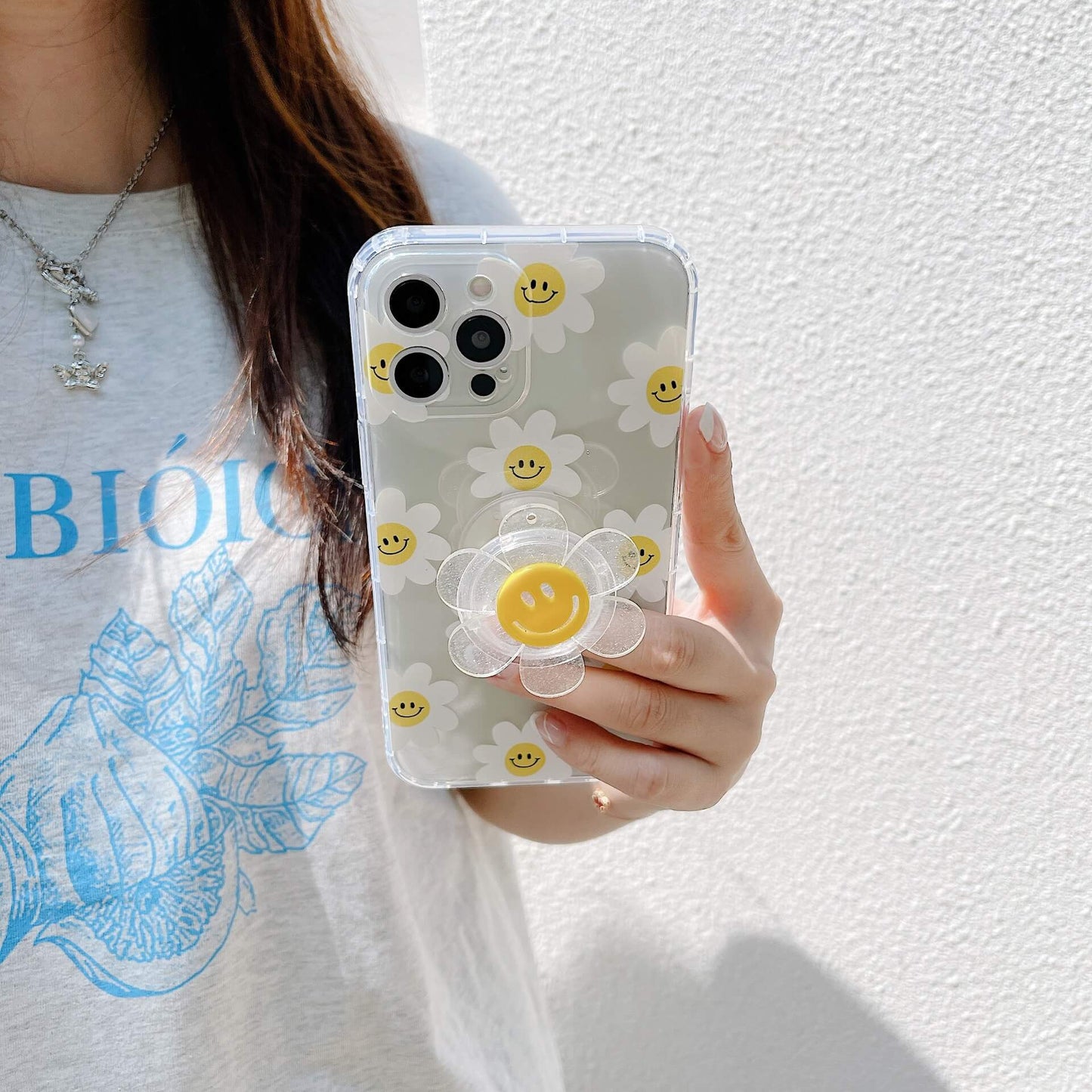 Support de fleur de soleil de visage de sourire peint mignon transparent clair Coque et skin adhésive iPhone