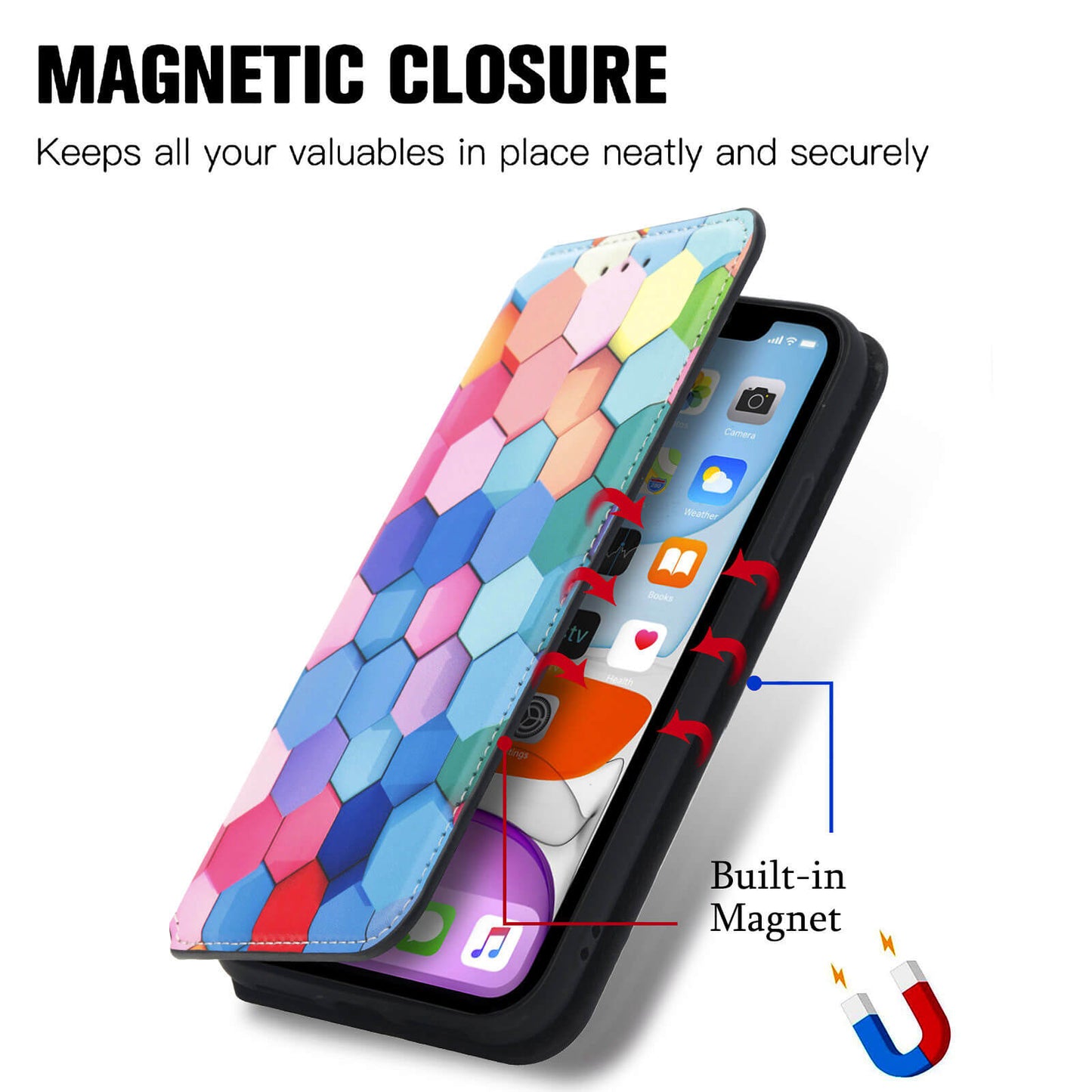 Coque pour iPhone en cuir d'attraction magnétique de forme carrée arc-en-ciel coloré