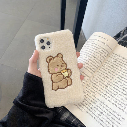 Cute Cartoon Embroidery Bear Soft Plush iPhone Case