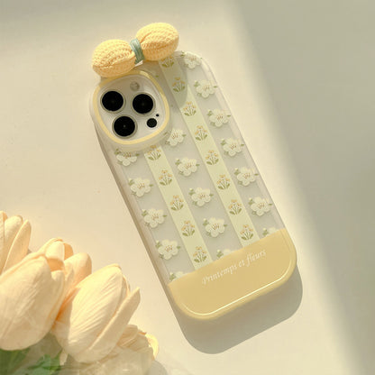 Painted Cream Flowers 3D Bow Tie Soft Clear iPhone Case