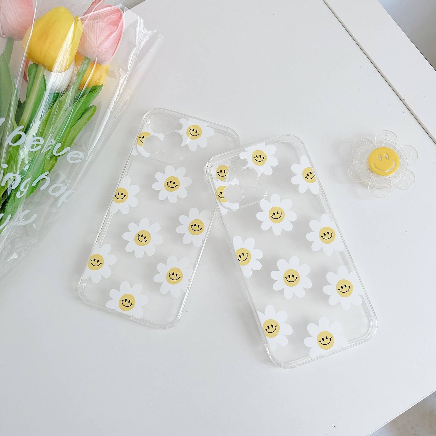 Cute Painted Smile Face Sun Flower Bracket Transparent Clear iPhone Case