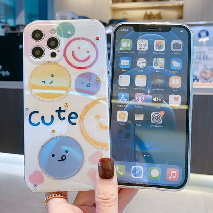 Cute Cartoon Colorful Rhinestones Smile Face Couple Bling iPhone Case