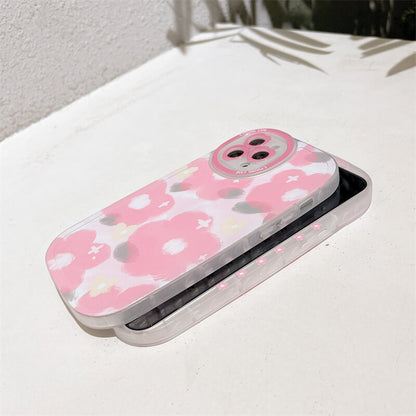Vinilo o funda para iPhone anticaída de silicona transparente con lente de amor de flores rosadas pintadas