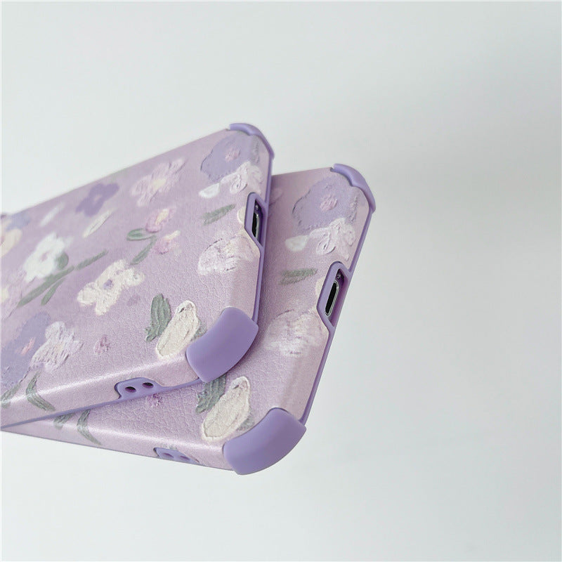 Funda de cuero suave para iPhone con pulsera de flores pintadas de color púrpura