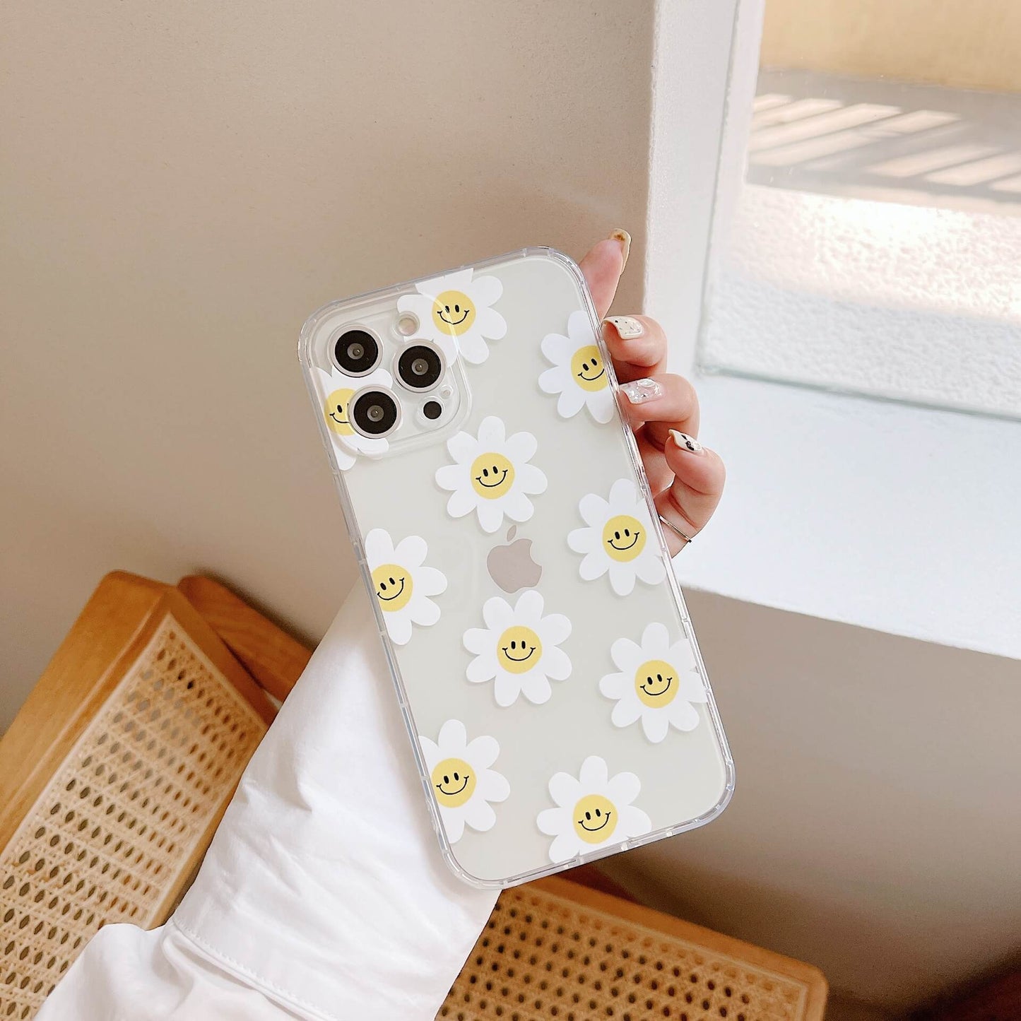 Vinilo o funda para iPhone Linda cara de sonrisa pintada soporte de flor de sol transparente claro