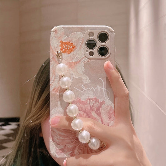 Vinilo o funda para iPhone de cuero con pulsera de perlas florales con pintura al óleo linda